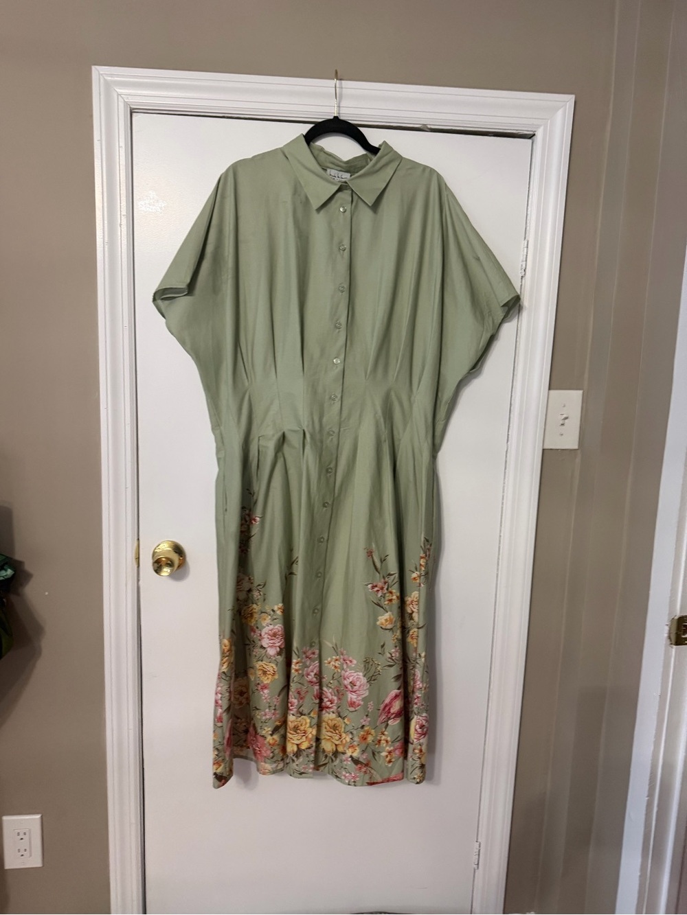 Nicole Miller Sage Green Midi Shirt Dress with Floral Hem
